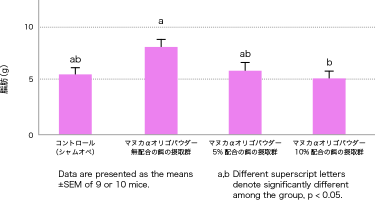 図2. マヌカαオリゴパウダーによる卵巣摘出マウスの脂肪の増加抑制作用