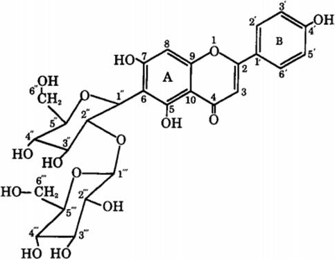 図1. 大麦若葉抗酸化物質2-O-グリコシルイソビテキシン（GIV）の構造式