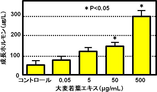 図1. 成長ホルモン分泌量に対する大麦若葉エキスの影響