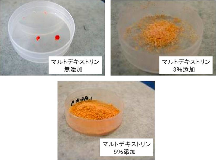 図3. マルデキストリンの添加量の違いによる粉末の状態
