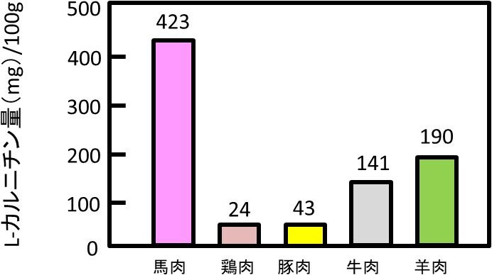 図2. 各食用肉に含まれるL-カルニチン量の比較