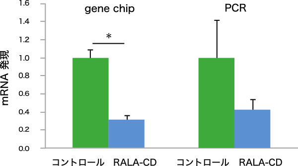 図1. R-αリポ酸のγ-CD包接体（RALA-CD）を摂取させたC57BL／6雌マウスの肝細胞組織における12／15-リポキシゲナーゼ遺伝子（Alox15）の発現抑制