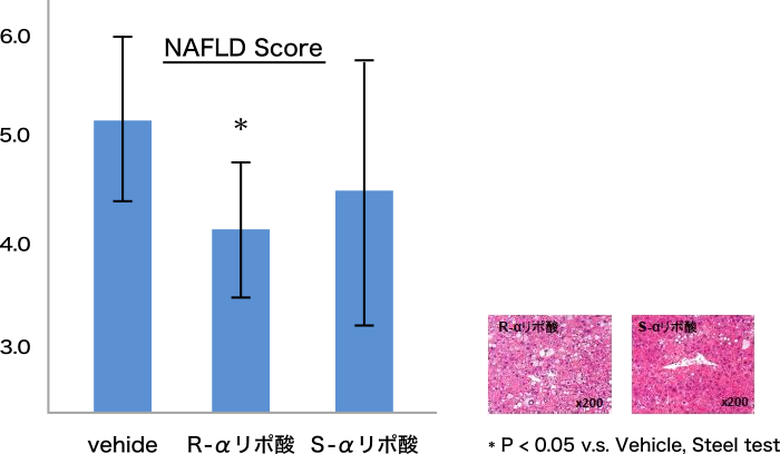 図2. R-及びS-αリポ酸を1ヶ月投与されたNASHモデルマウスのNAFLDスコアと肝臓の生検写真（左：R-αリポ酸、右：S-αリポ酸）
